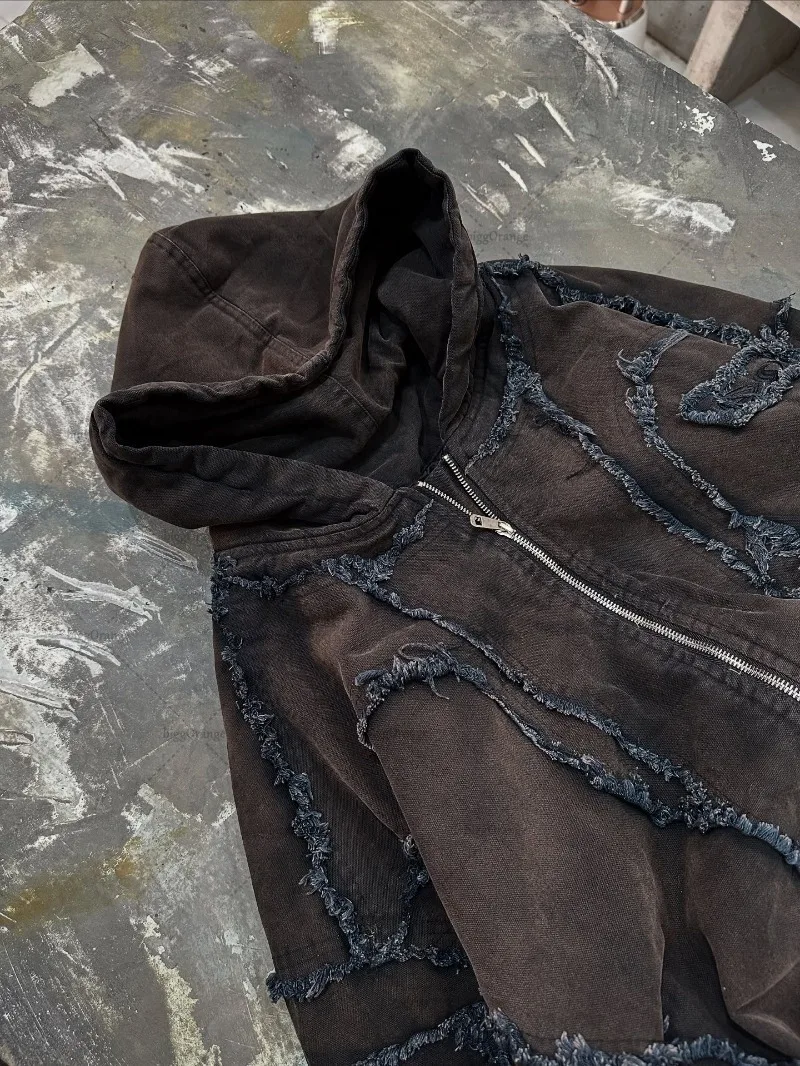 Ropa de calle Punk para hombre, sudadera con cremallera adhesiva de estilo destructivo, bigotes bordados a la moda, Sudadera con capucha con múltiples bolsillos