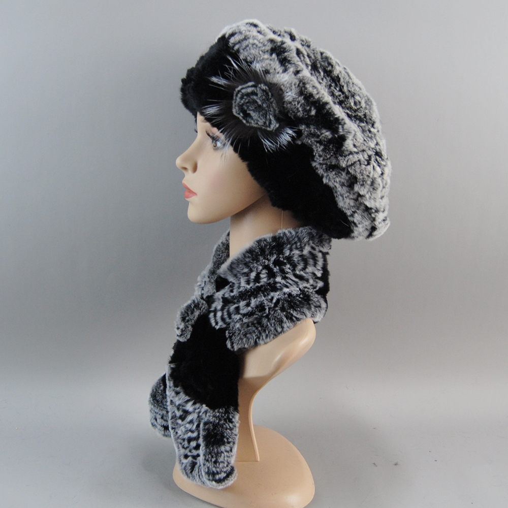 Gorro de piel para chica a la moda, gorro de piel de conejo Rex auténtica cálido para invierno, bufanda, traje de lujo de alta calidad para mujer, bufanda de piel auténtica de 100% + conjunto de sombrero