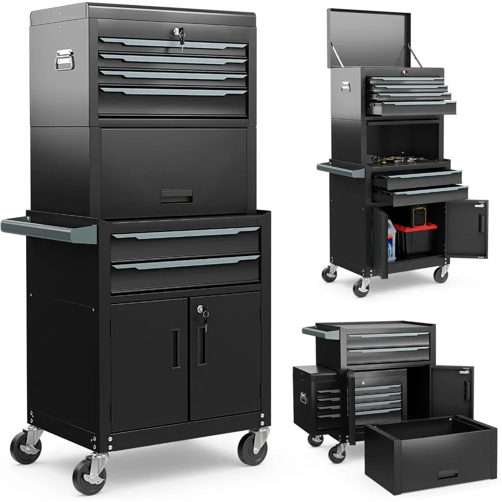 Large Tool Cabinet, Lockable Metal Tool Chest Combo with Detachable Top Cabinet, Wheels, 6 Drawers & Hooks, Workbenches