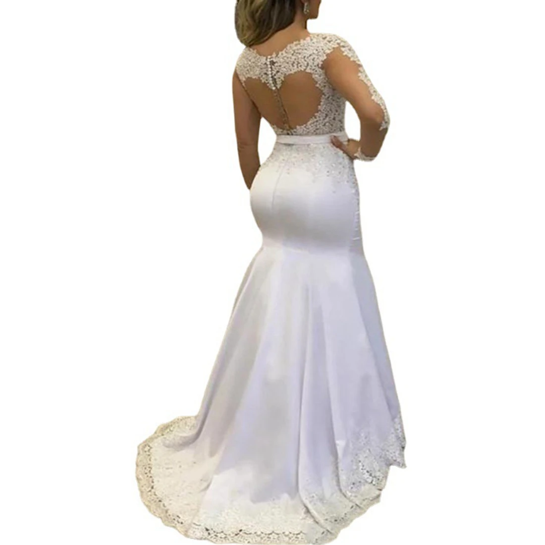 Vestidos de noiva elegantes de sereia com decote em O e apliques de renda e mangas compridas personalizados
