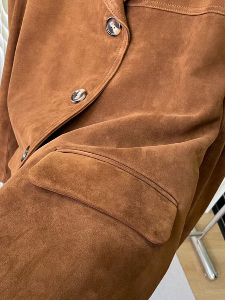 วินเทจฤดูใบไม้ร่วงผู้หญิงจริงแกะ Suede Blazer เดี่ยวสุภาพสตรีทํางานของแท้หนังแจ็คเก็ต Retro Outwear Coat