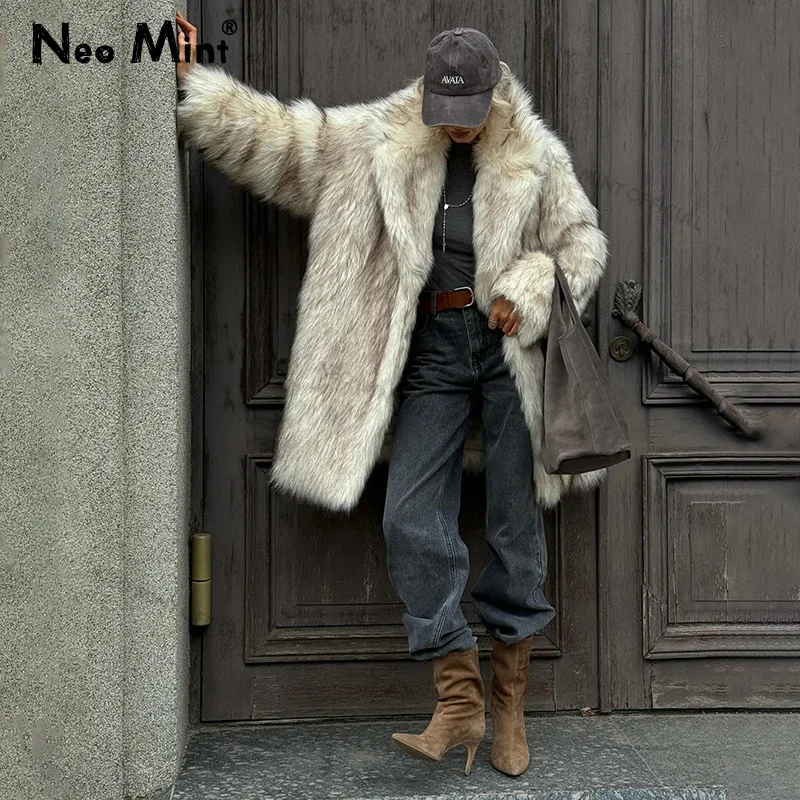 Neo Mintแบรนด์หรูFluffy Faux Fur Jacketผู้หญิง2024ฤดูหนาวThicken Warm Gradient Fox Fur Coat Streetwear Furry Overcoat