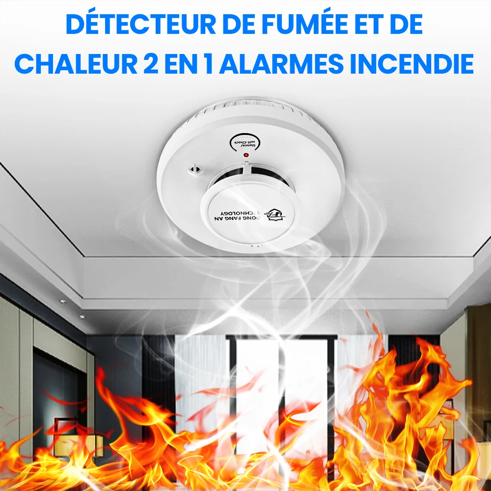 DFA Mini détecteurs de fumée 2 en 1 et détecteur de chaleur indicateur LED alarmes incendie avec détecteur de fumée photoélectrique avancé avec EN 50291