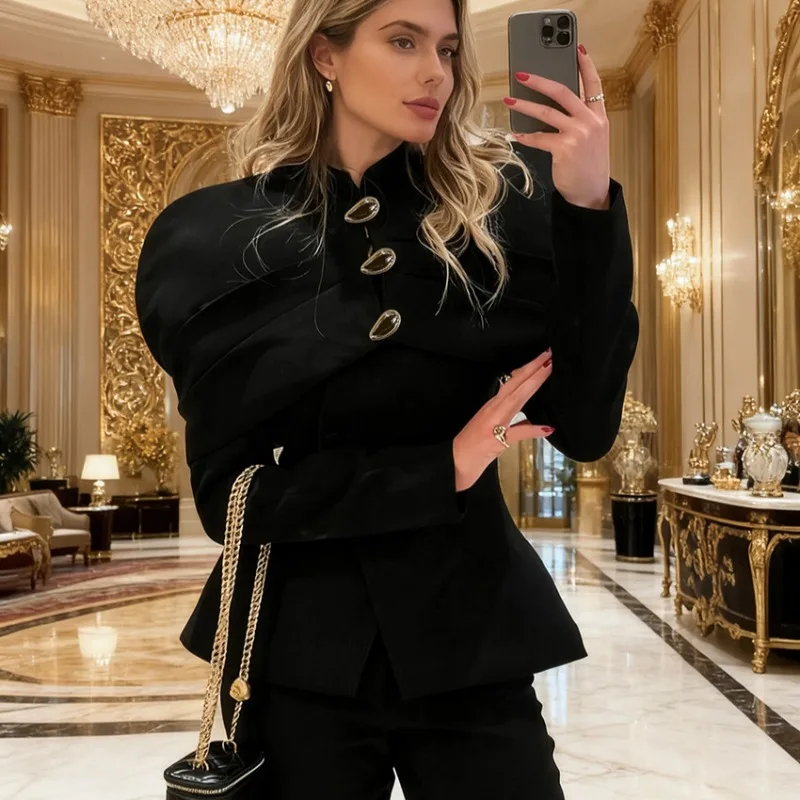 Trendix preto elegante blazer para mulher 2025 outono moda botões de ouro retalhos jaqueta casaco festa vintage commuter terno jaqueta