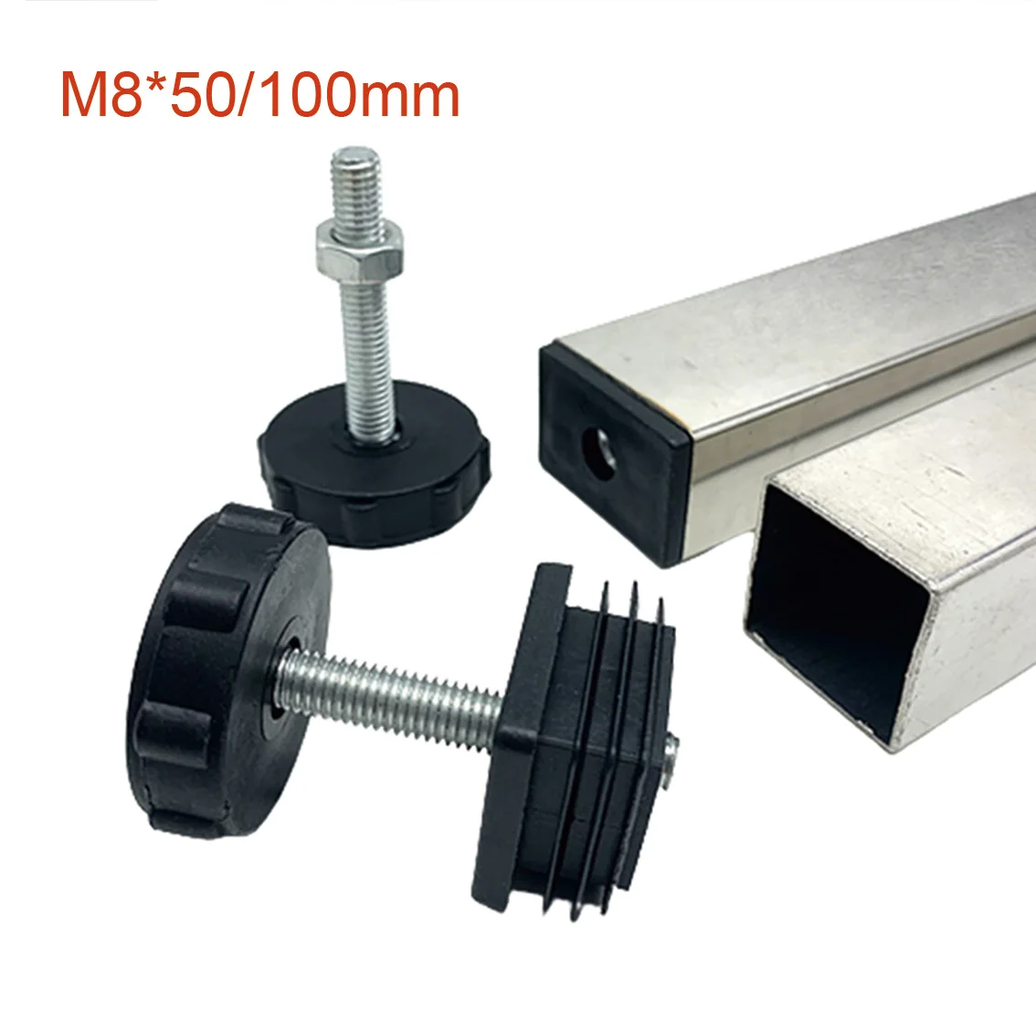 1Pcs M8 50/100mm Adjustable Foot Pads With Nuts Pipe Plugs Black Square Furniture /Wheel Accessorie Adjustable Plastic Pipe Plug
