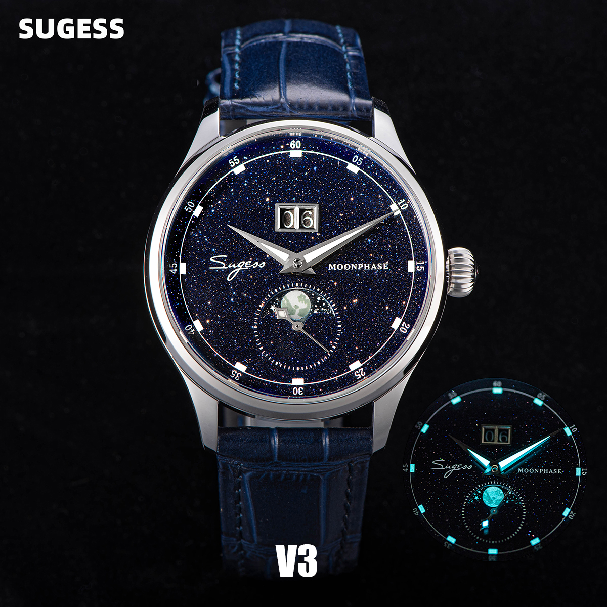Sugess Moonphase Relojes de pulsera de lujo Caja de acero inoxidable 316L Tianjin ST2528 Movimiento Piedra preciosa Estrellas Dial Reloj de pulsera para hombre Regalo