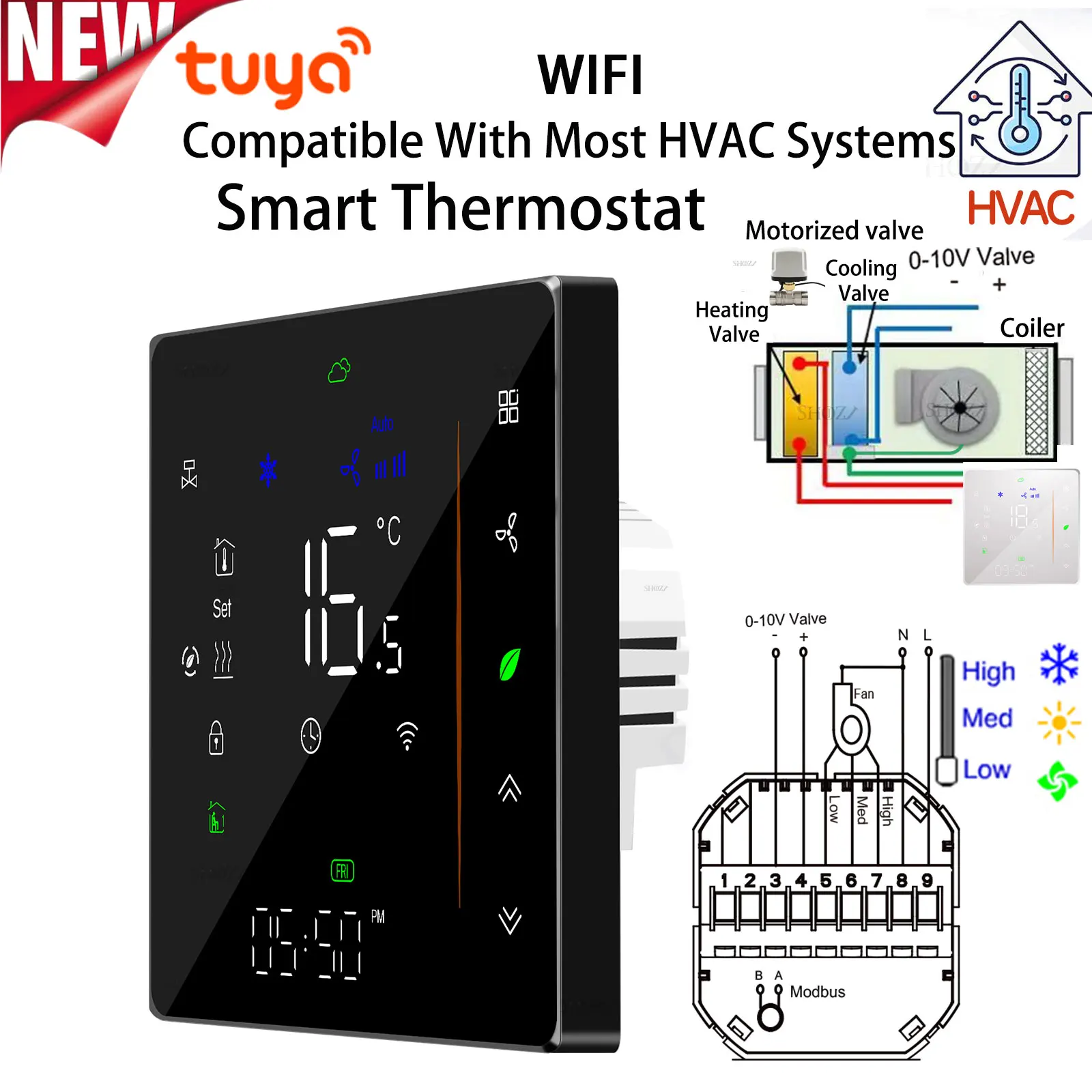 TUYA Wi-Fi 2 tubos 3 velocidades ventilador bobina termostato de habitación-válvula de modulación 0-10V controlador de temperatura HVAC para calefacción y refrigeración
