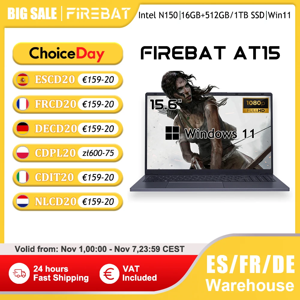 Firebat Laptop AT15 15.6 pollici Intel N150 DDR4 16GB RAM 512GB 1TB SSD 1920*1080 Notebook Windows 11 Tastierino numerico integrato retroilluminato