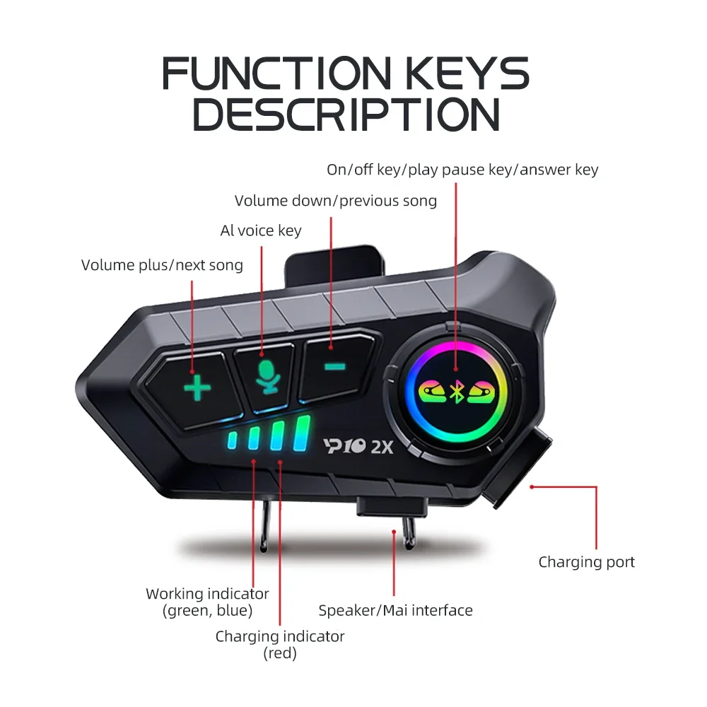 1/2x interfono de música Bluetooth 5,3 casco de motocicleta intercomunicador auriculares impermeable 300m reproducir música y llamadas simultáneamente