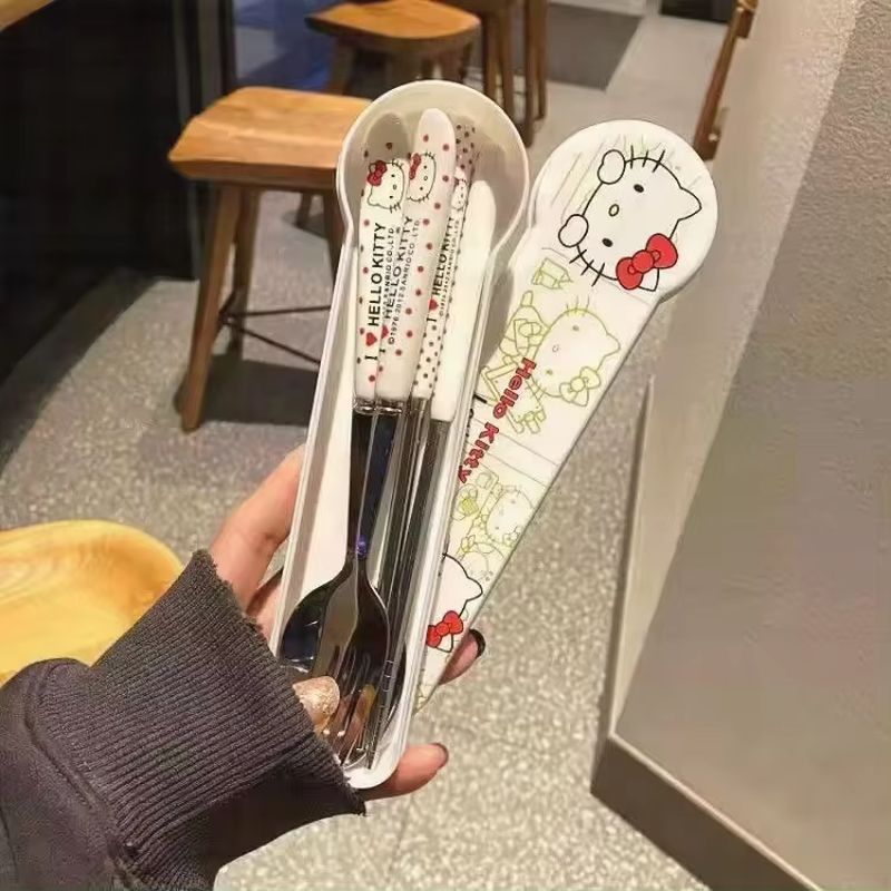 Sanrio Anime Hello Kitty vajilla cuchara palillos tenedor vajilla de acero inoxidable juego estudiantes van a trabajar vajilla portátil
