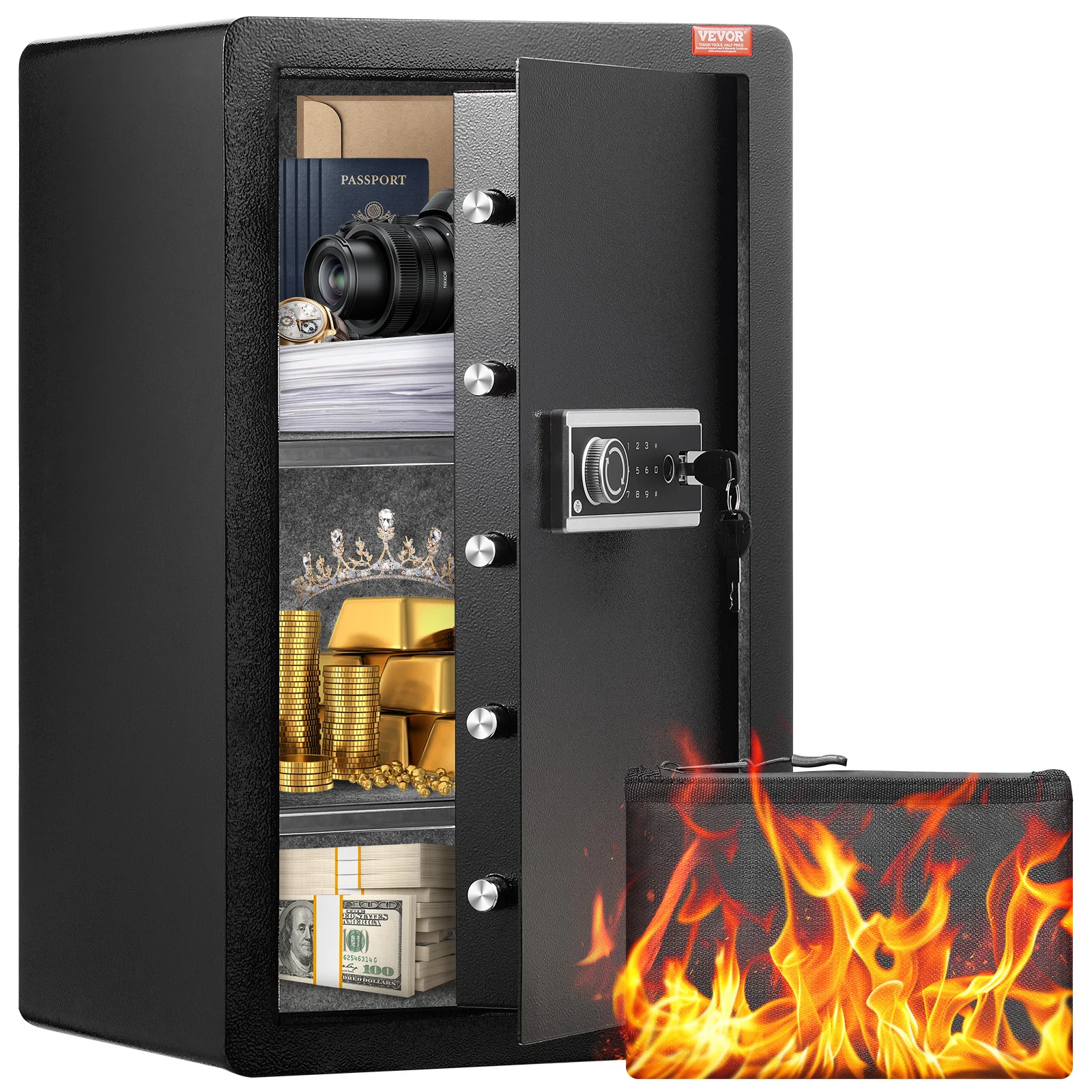 SucceBuy 4,0 cu.ft Safe mit Schlüsselschloss, Passwort und Fingerabdruck-Safe, Schließfach mit feuerfester Tasche, Schlüsselregal und LED-Licht