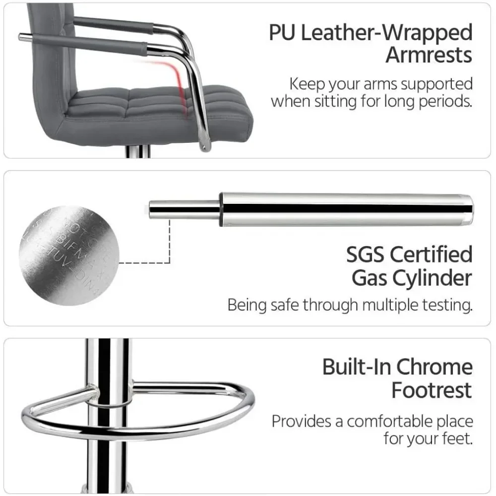 Bar Stools, Adjustable PU Leather Swivel Barstools, Modern Counter Stools with Back and Footrest, Counter Height Barst