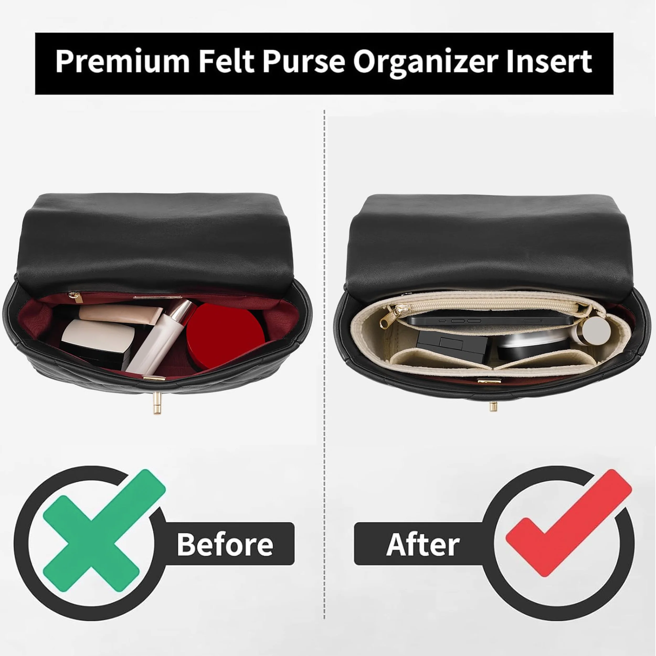 Felt Purse Organizer Insert with Zipper – กระเป๋าซับในสําหรับกระเป๋าสะพาย, กระเป๋าถือและ Totes, กระเป๋าเก็บผู้หญิง, 3 ขนาด