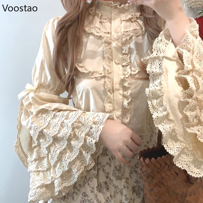 Victorian Elegant Lolita เสื้อผู้หญิง Harajuku Gothic Y2k ลูกไม้ Ruffle Flare แขนเสื้อผ้าฝ้ายหญิง Vintage Blusas Mujer Top