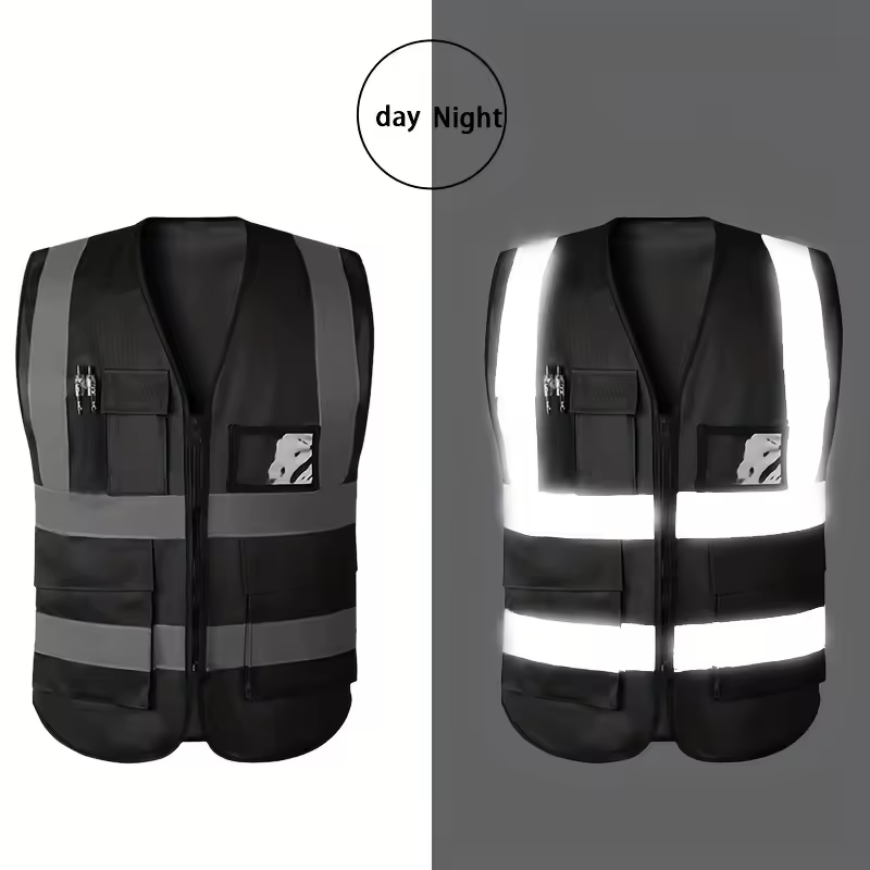 Hilo Chaleco reflectante negro Chaleco reflectante Chaleco de conducción de tráfico Mono Cremallera multibolsillo