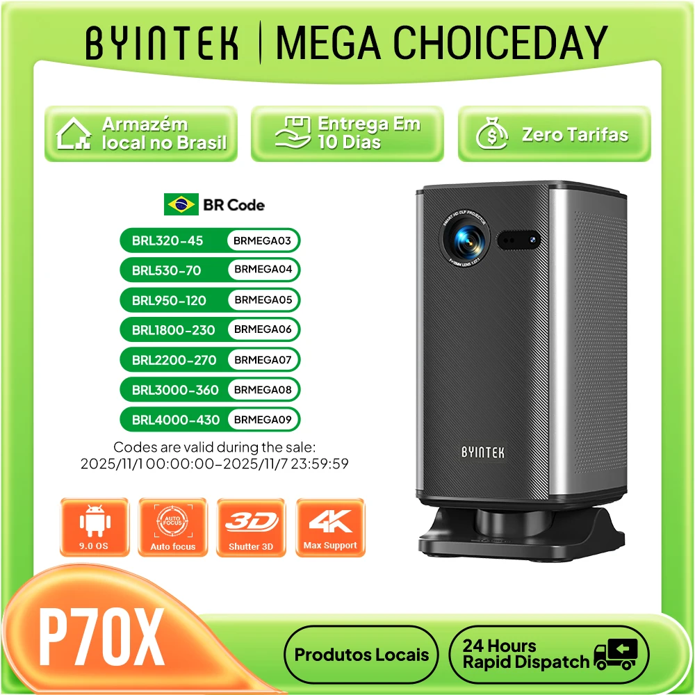 BYINTEK P70X Mini Projetor Portátil com Bateria Embutida 4K Suporte 3D Wifi para Filmes Ao Ar Livre Noite Projetores de Home Theater