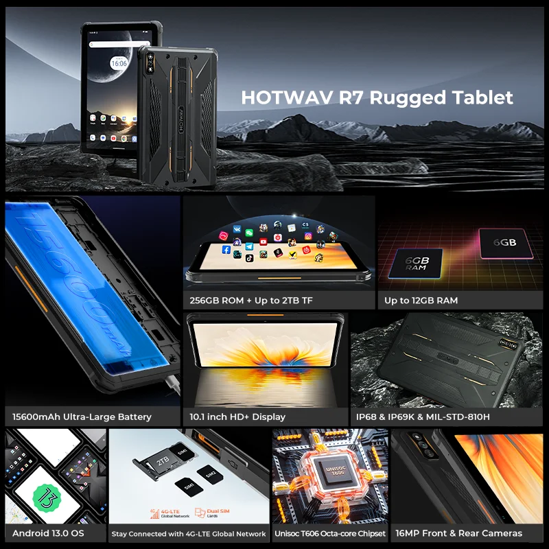 HOTWAV R7 Robustes Tablet 10,1'' HD+ Display Android 13 15600mAh Akku Pad 12GB 256GB 16MP Kamera Handschuh Modus Tablet PC