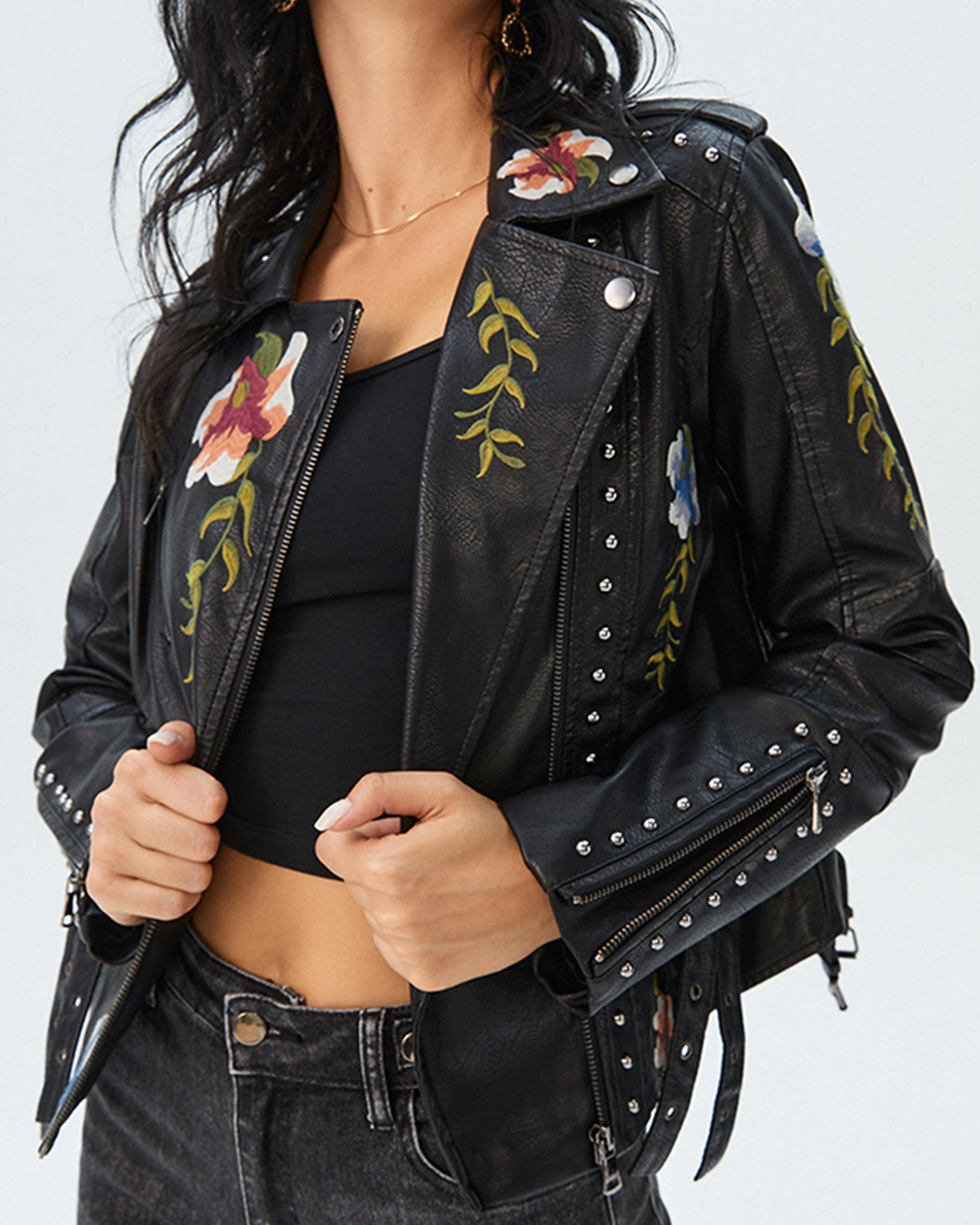 Casaco feminino de couro sintético bordado floral Moto PU Casaco bomber de motociclista