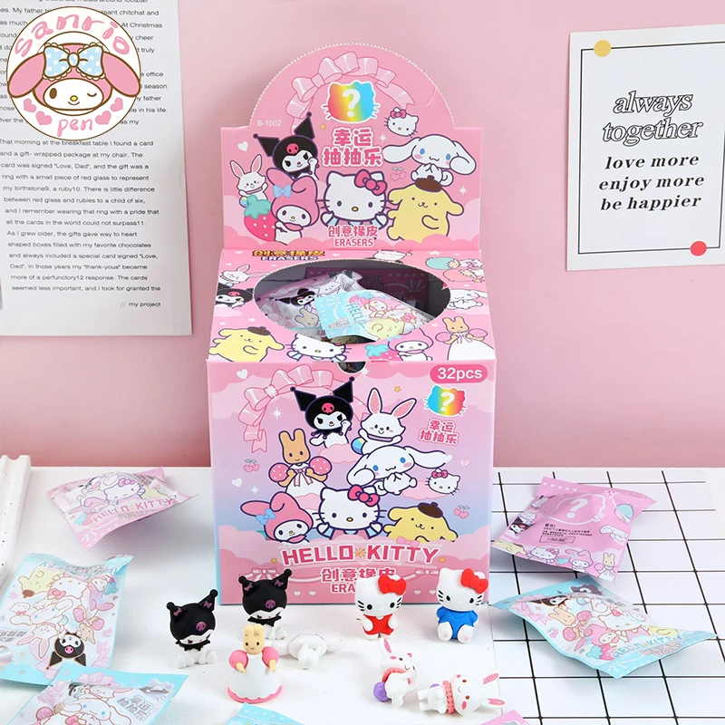 Sanrio 만화 지우개 고무 16/32pcs Kawaii 학생 문구 Kuromi 헬로 키티 3D 지우개 청소 도구 학교 어린이 선물