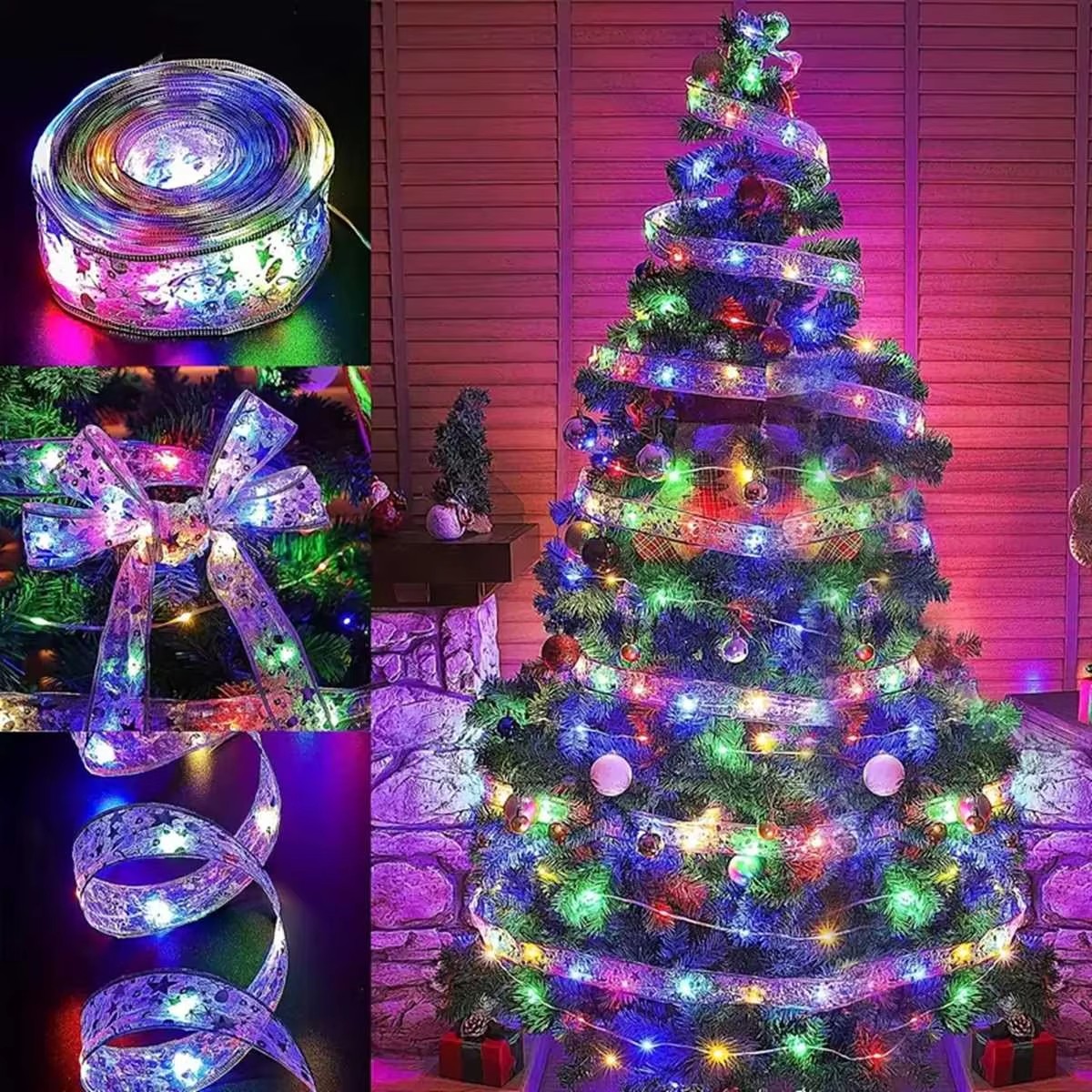LED-Bandlichter, Weihnachtsdekoration, Weihnachtsbaumschmuck, DIY Spitze, Bögen, Lichterkette, Navidad, Heimdekoration, Neujahr 2025,