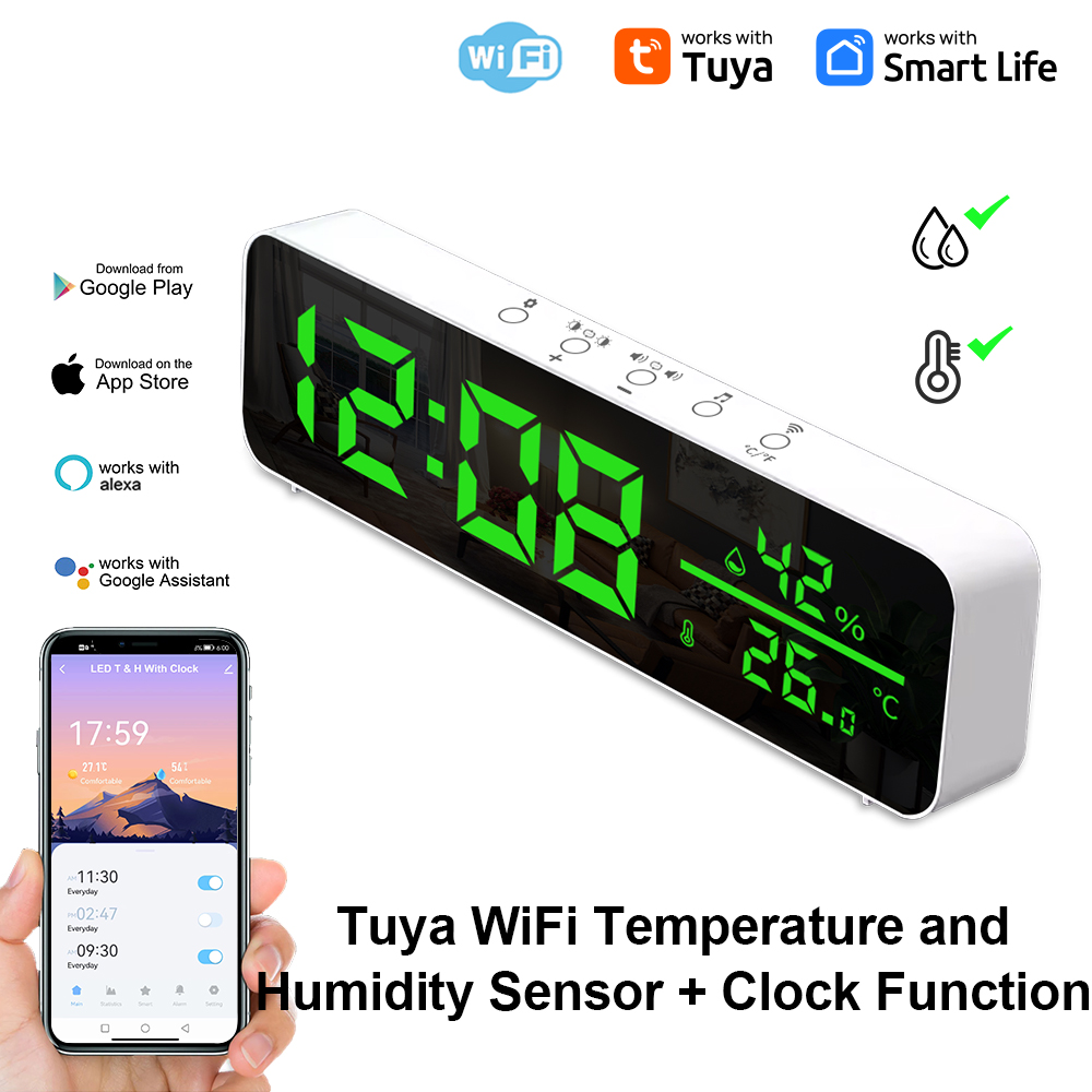 Tuya wifi sensor de umidade temperatura suporte tempo despertador display usb desktop espelho led relógios para sala estar decoração