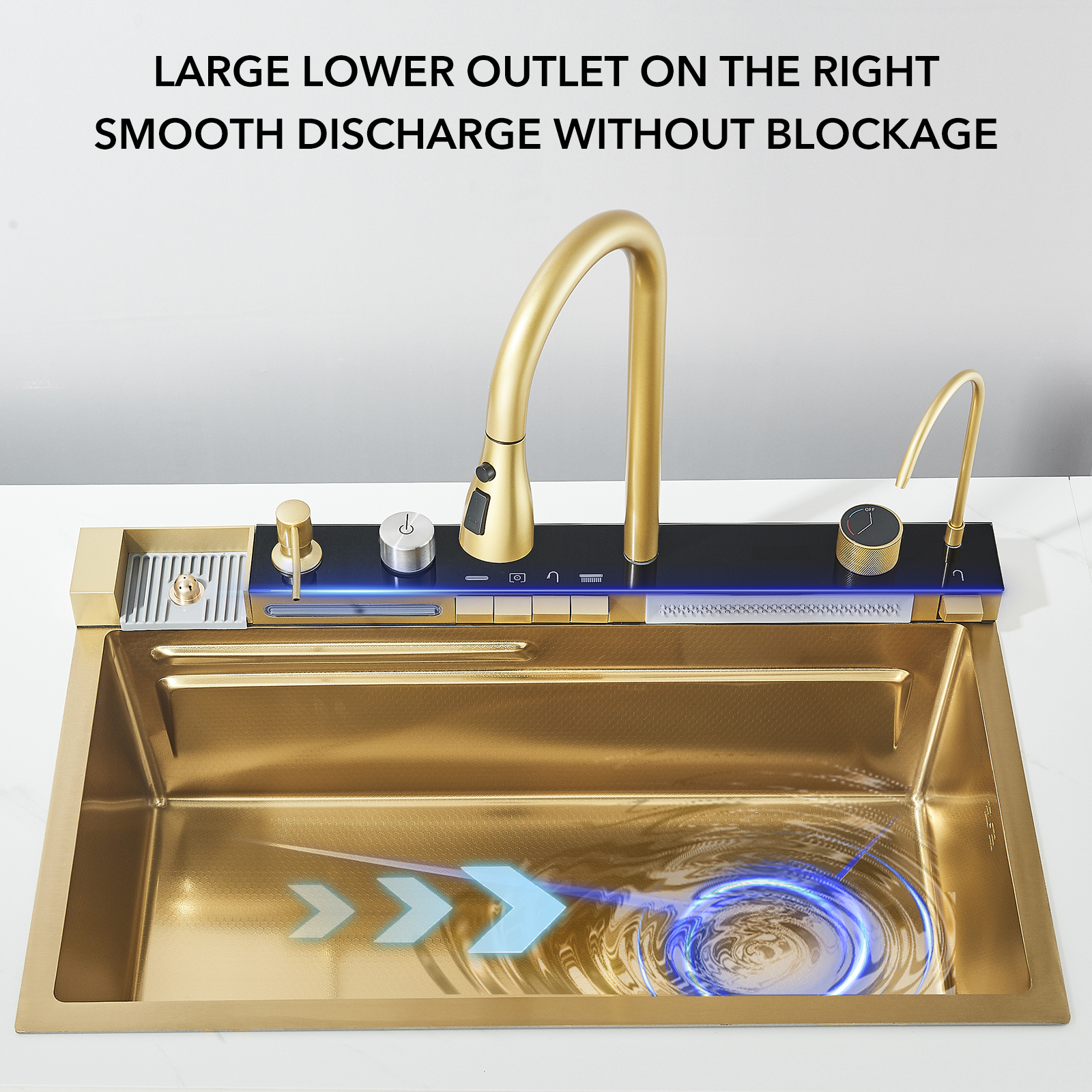 Golden Smart Digital Display Integrated Kitchen Sink Set Temperature Control Waterfall Water Purifier Soap Dispenser Cup Washer