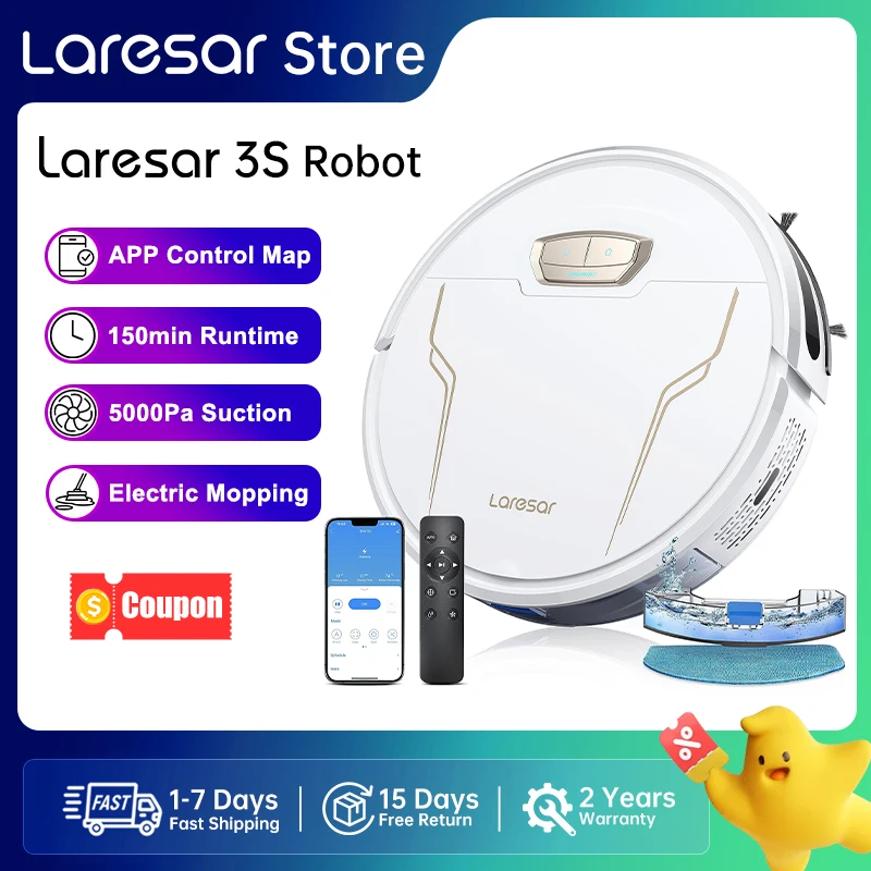 Laresar 3s Roboter-Staubsauger, Mopp, 5000 Pa, intelligente APP-Steuerung, intelligent geplert, für die Bodenreinigung zu Hause, Teppich, Tierhaare
