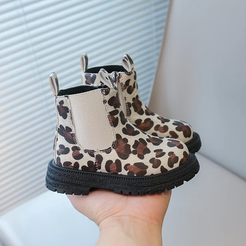 Botas clássicas com estampas de leopardo para menino e menina, ankle boots clássicas com zíper lateral, borracha, respirável, quente, unisex, moda