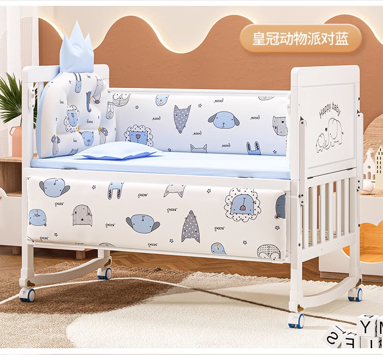 Nueva mejor venta, cuna de bebé de madera 6 en 1, altura ajustable, cuna de madera maciza con colchón de palma y juego de cama