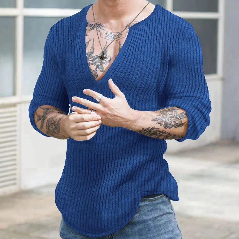 Otoño Invierno, suéteres casuales de moda con cuello en V para hombre, suéteres de punto de manga larga de Color sólido que combinan con todo, jerséis para caballero, Top
