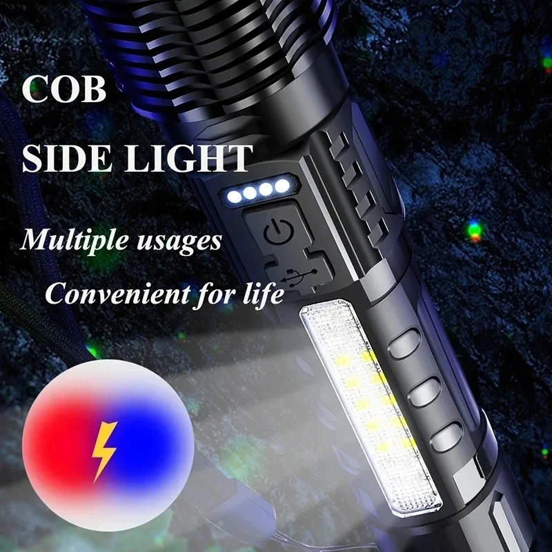 2025 ไฟฉายทรงพลังสุดปฏิเสธไฟฉายพลังงานสูง LED แสงแฟลชสีขาวโคมไฟยุทธวิธีพร้อมสายชาร์จ