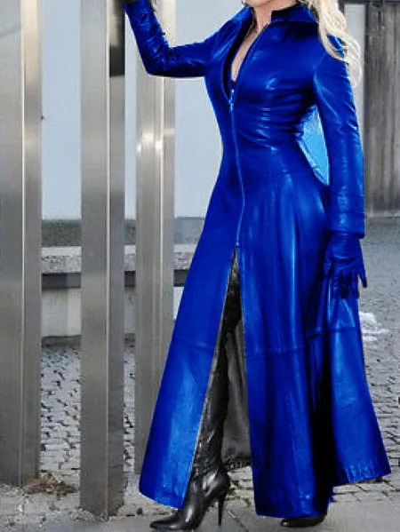 Vêtements en cuir PU avec col montant et fermeture éclair pour femmes, Trench-Coat Long, couleur unie, manches longues, Slim, mode décontractée, Sexy