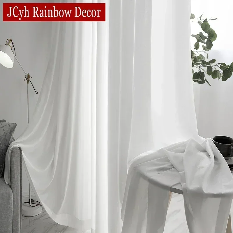 Màu Trắng Cao Cấp Bán Nghiền Nát Sheer Màn Cho Phòng Khách Cửa Sổ Màu Trơn Dài Voan Phòng Ngủ Màn Voan Đảng Bộ Chăn Drap