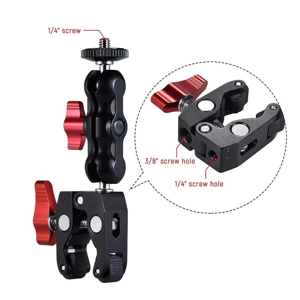 Super Clamp Camera Clamp Mount Monitor 360° Ballhead Magic Arm Double Ball Head Adapter with 1/4"-20 & 3/8"-16  For video