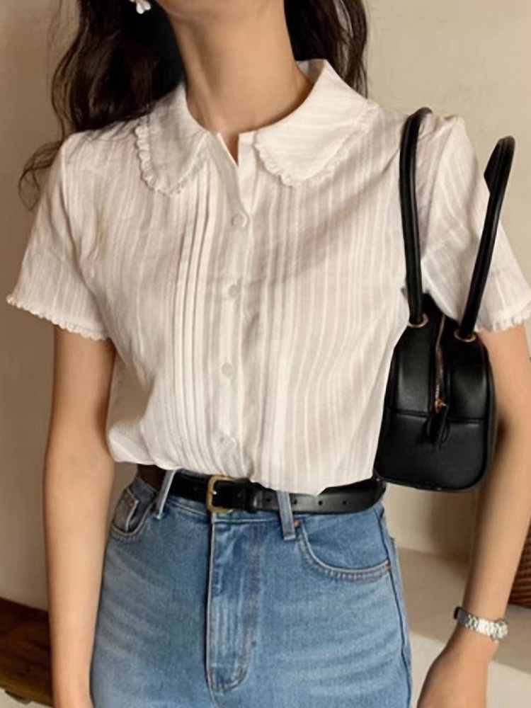 Csa de Manga Curta com Design de Renda Estilo Coreano Sensacional para Jovens Tecido Leve Moda para o Dia a Dia Corte Reto