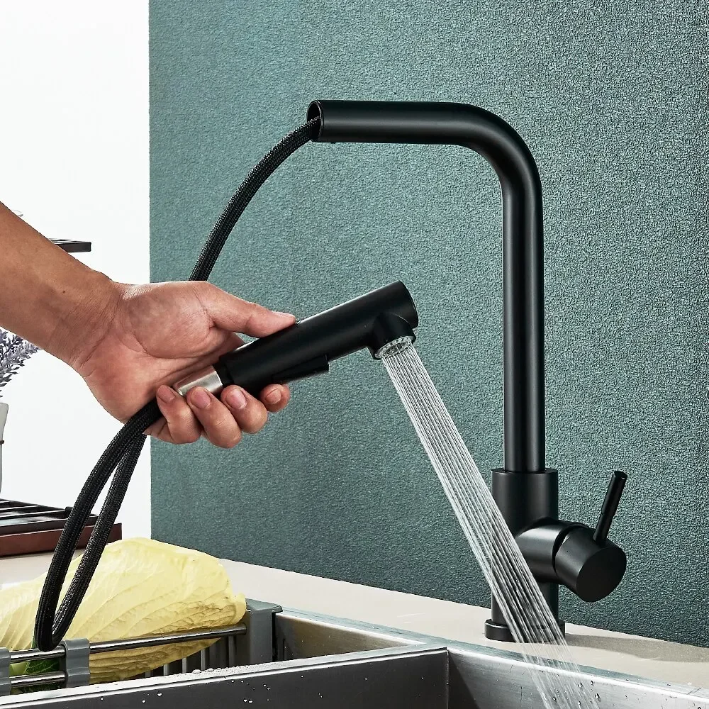 Rubinetto per lavello da cucina estraibile nero Flessibile 2 modalità Rubinetti con ugello flessibile e spruzzatore Rubinetto miscelatore acqua calda fredda in acciaio inossidabile
