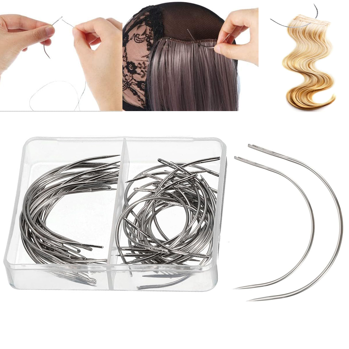 50 stks/doos 2.5 "/3" C Type Haar Weven Gebogen Stalen Naalden Pins Naalden Grote Ogen Hand Quilten Weven naald