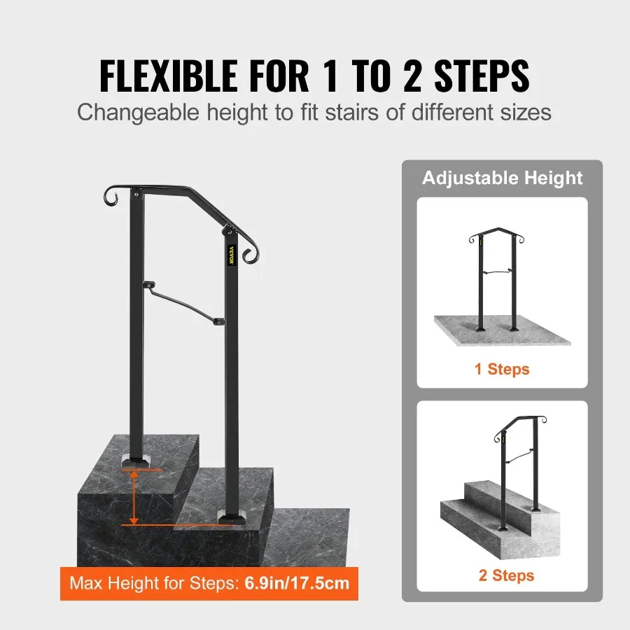 Handrails for Outdoor Steps Fit 1 or 2 Steps Outdoor Stair Railing Arch#1 Wrought Iron Handrail Flexible Porch Railing Black T
