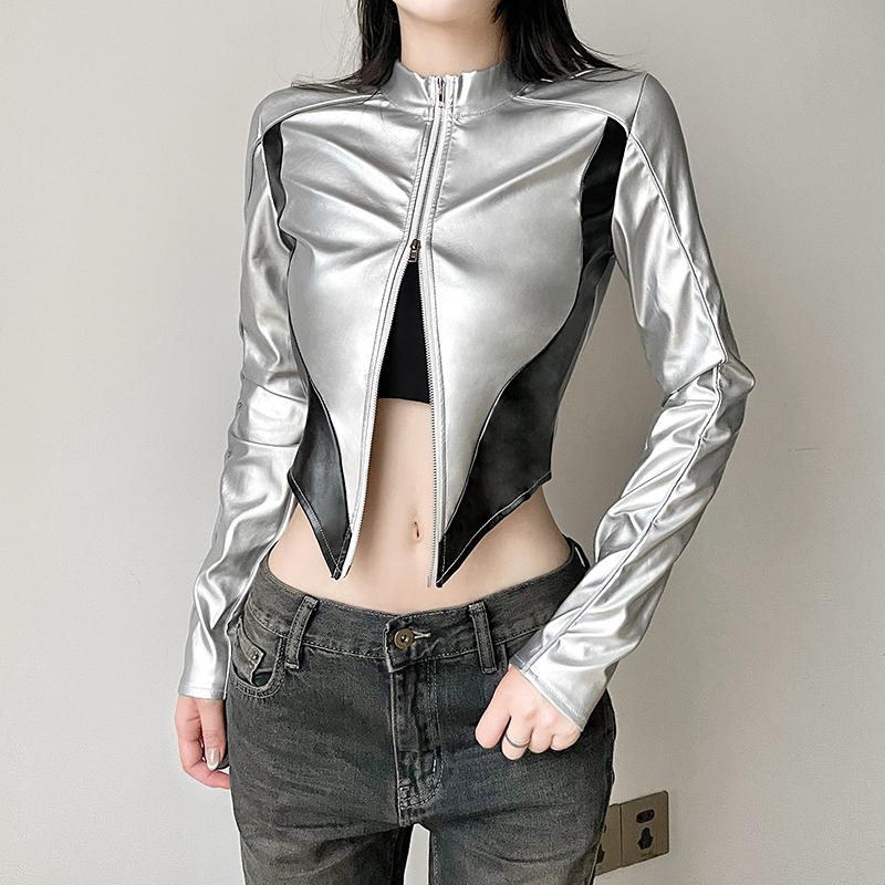 WEEKEEP Street Sle Motorcycle Windbreaker Women's Leather Jacket Zipper Open Cardigan Asymmetrical Hem Color Block Dance Cool