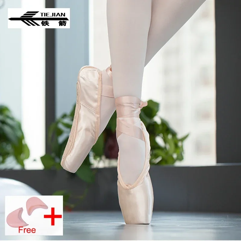 Zapatos de punta de Ballet profesional, zapato de bailarina de lona satinado rosa, negro y rojo para actuación de baile con almohadilla para el dedo del pie
