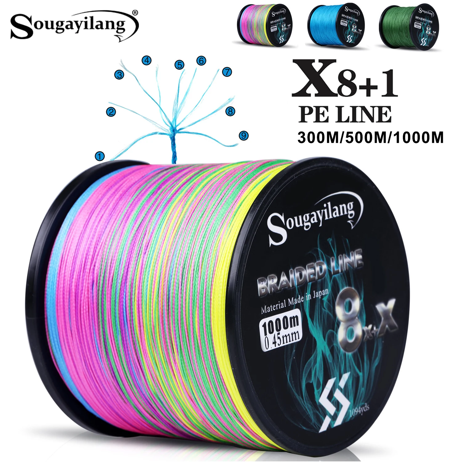 Sougayilang-sedal de pesca trenzado de 8 + X, multifilamento de 300M, 500M, 1000M, línea de Pe duradera, arrastre de 7,6-45,8 kg para pesca suave