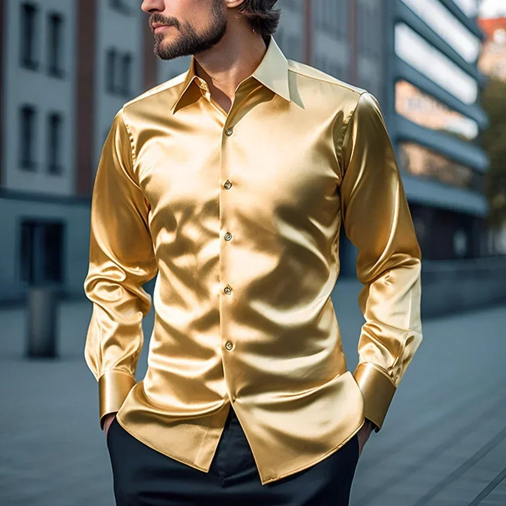 Camisa de vestir elegante de seda satinada para hombre, camisa de traje informal con botones de lujo para fiesta de cóctel y manga larga ajustada