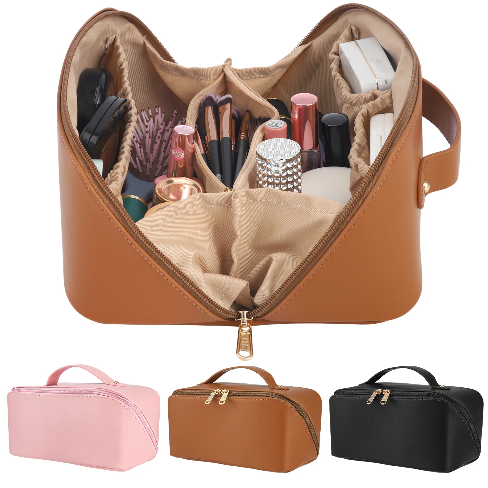Travel Makeup Bag with Divider and Handle, Portable PU Leather Waterproof Toiletry Bag, Large Capacity Cosmetic Bags for Women