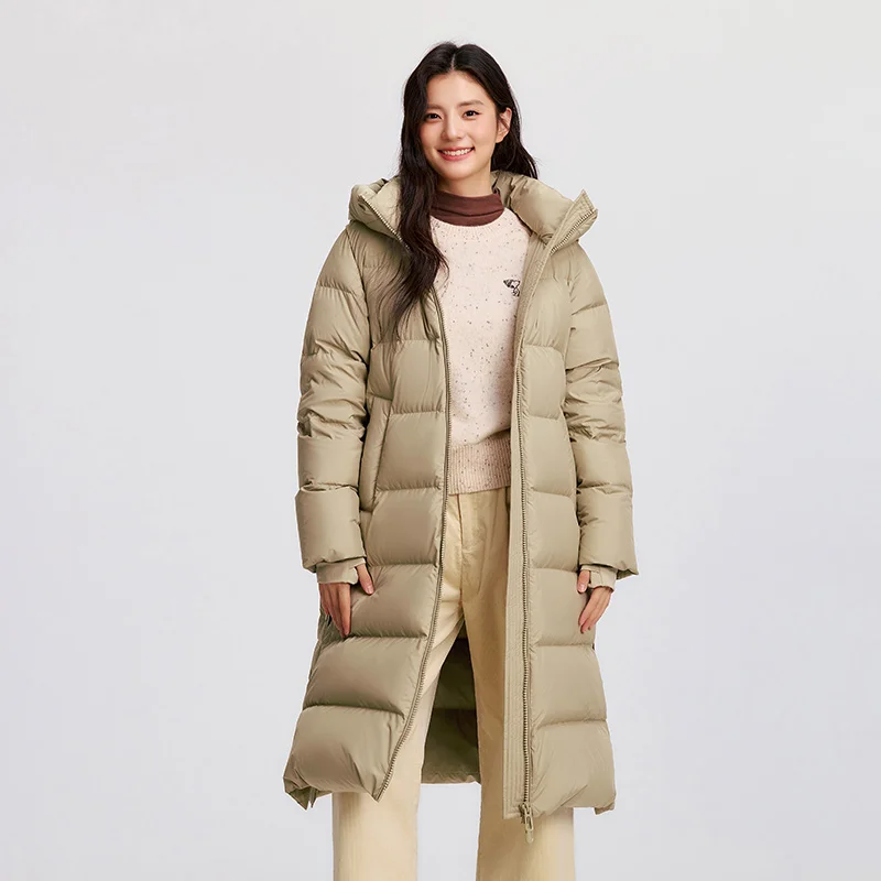 女性用セミルダウンジャケット,ロング,フード付き,スリット,ルーズ,撥水,グースダウン服,冬,新しいコレクション2024