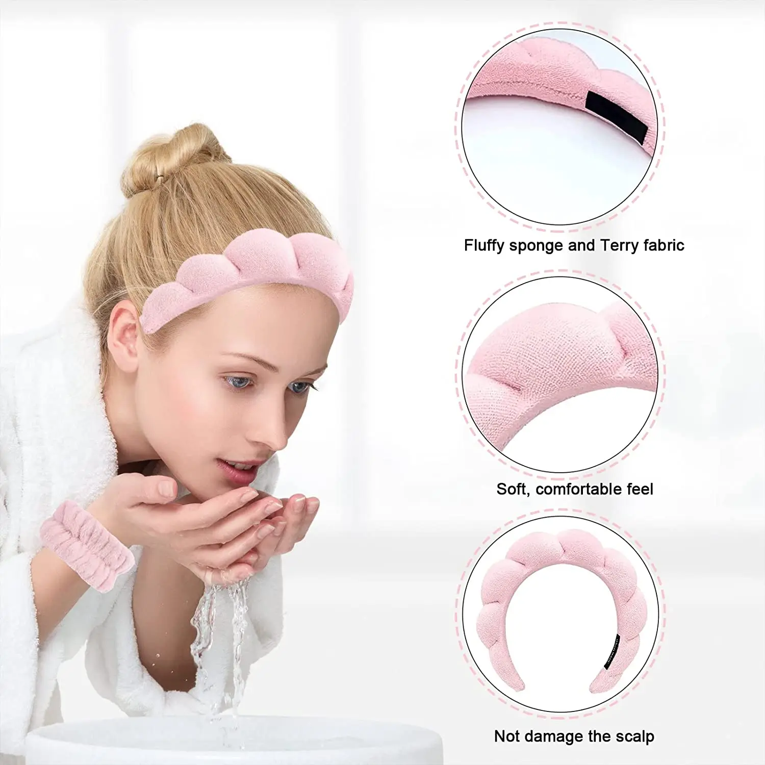 3 ชิ้นแฟชั่นไมโครไฟเบอร์ซักผ้าสายรัดข้อมือ Scrunchies Puffy แถบคาดศีรษะสปา Bubble สําหรับล้างหน้าแต่งหน้าอาบน้ํา Skincare