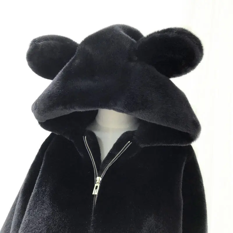 COZY หลวม faux FUR Coat WOMENS faux FUR fuzzy hooded fluffy ears surcoat Overcoat ผู้หญิงฤดูหนาว WARM outerwear Snowy Day Wrap