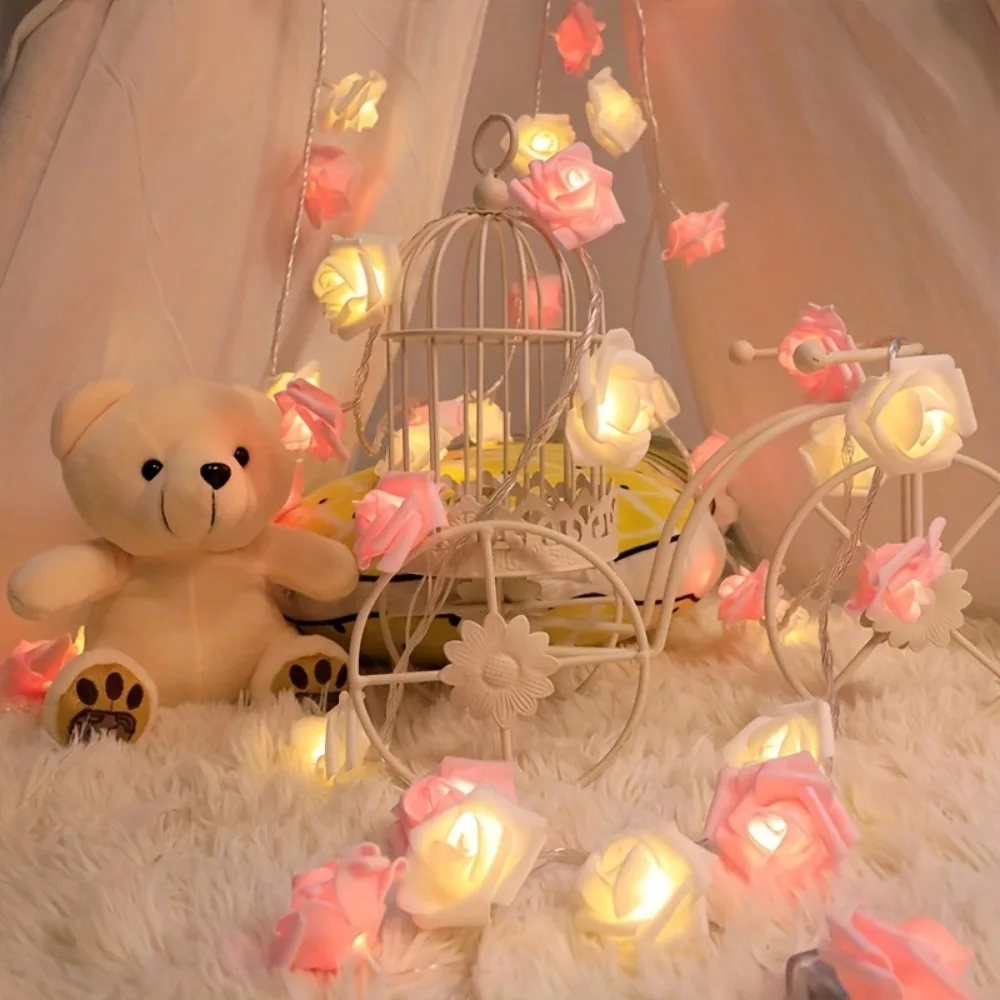 Luzes LED Rose String para decoração do quarto, Luz noturna do jardim sem bateria, Branco e rosa, 2m, 10 luzes, 1pc