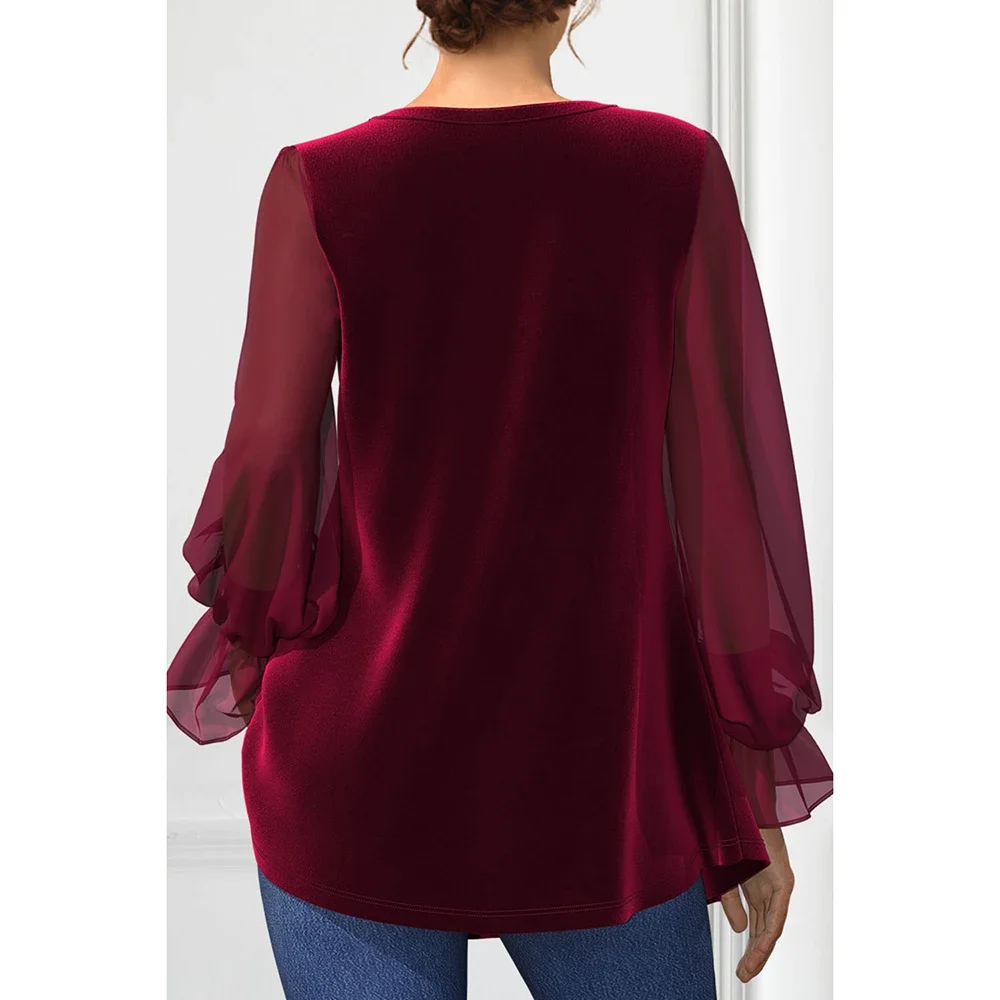 Blusa informal de talla grande de terciopelo burdeos, gasa, retazos, manga acampanada, cuello en U, puño elástico, Top de Navidad