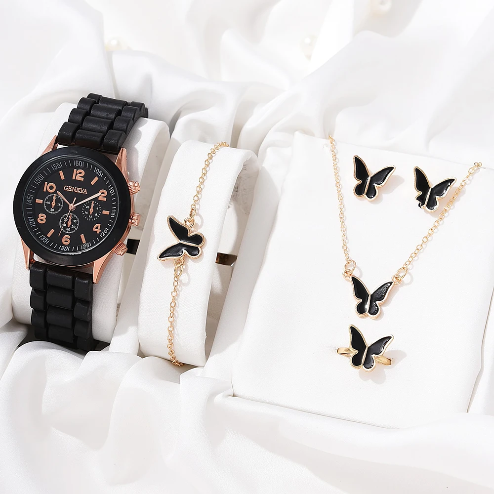 Women's Butterfly Silicone Strap Watch, Relógio de Luxo, Colar, Brincos, Bracelet Set, Relógios, Relógio Quartz Feminino, Sem Caixa