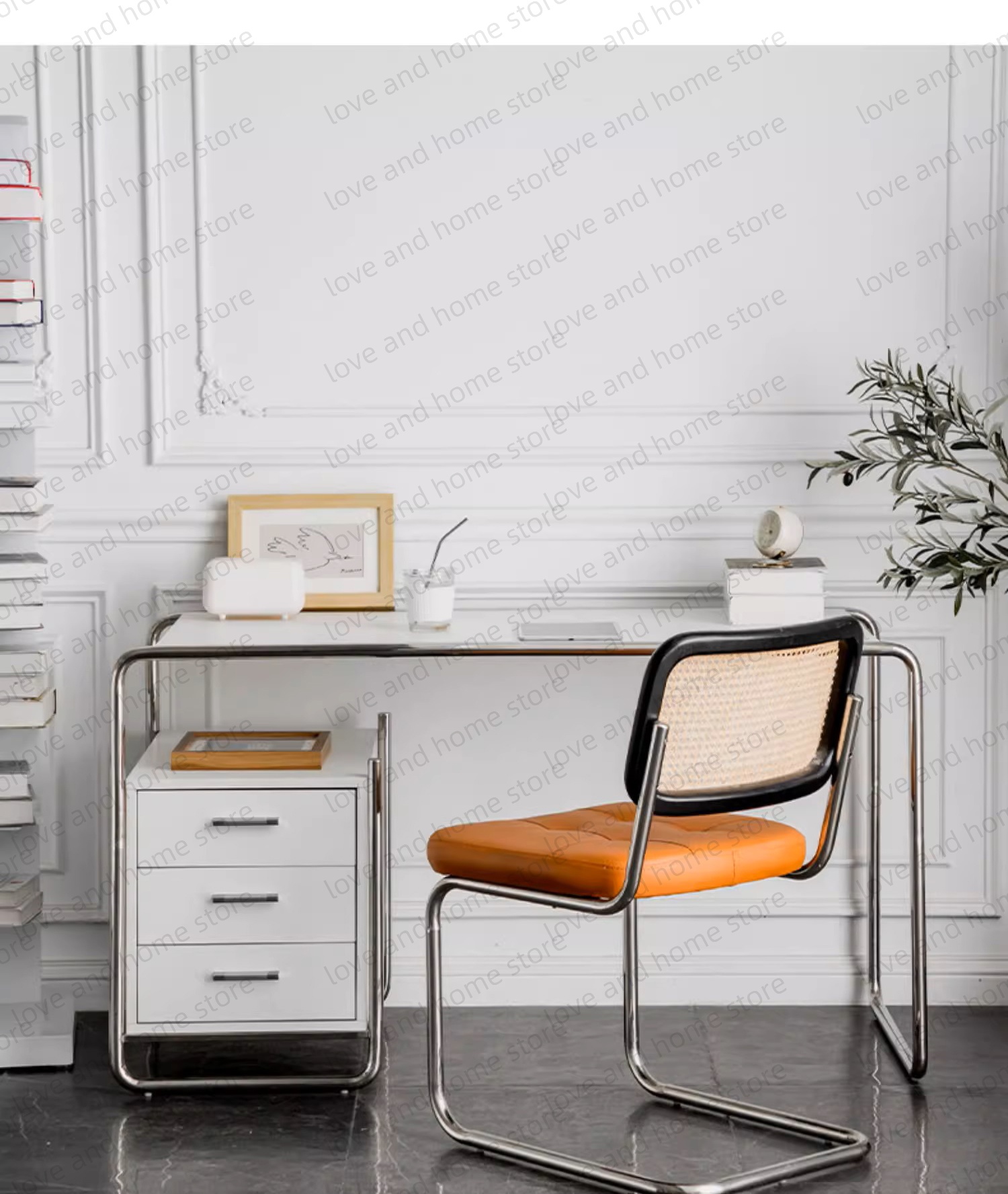 Bauhaus Escritorio de acero inoxidable MDF de acero tubular compacto con cajón Escritorio de computadora Escritorio de oficina